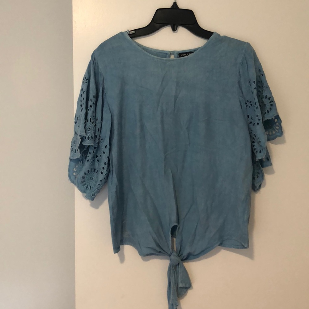 Denim front tie blouse